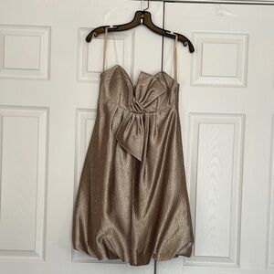 BCBG Metallic Gold Strapless Bow-Front Classic Look Bubble Hem Cocktail Dress